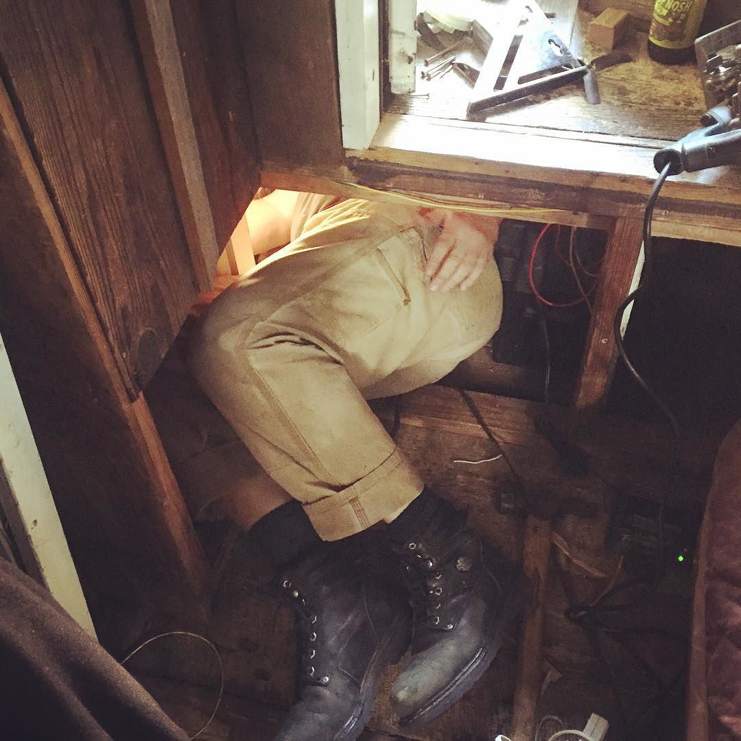 Here is what electrical work on the shantyboat looks like. Hours under the deck.