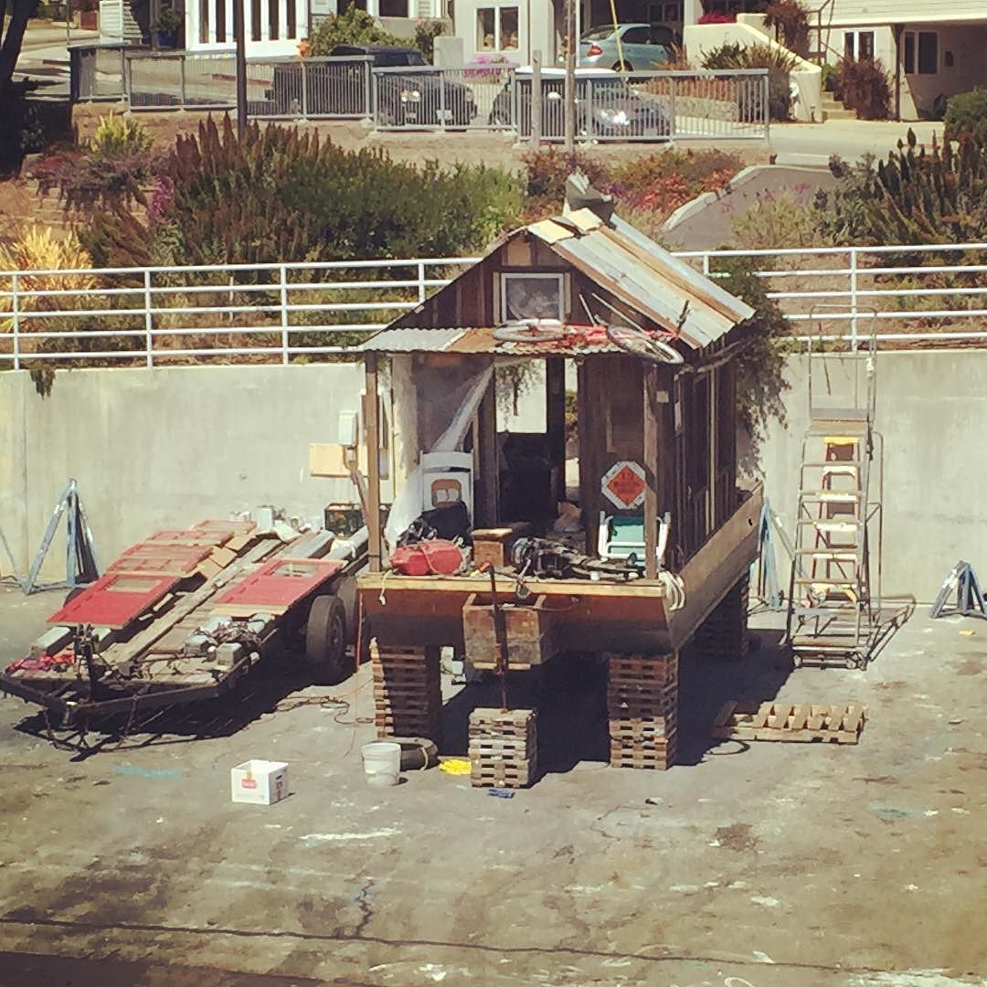 Shantyboat on blocks in our worksite at the Santa Cruz Harbor.