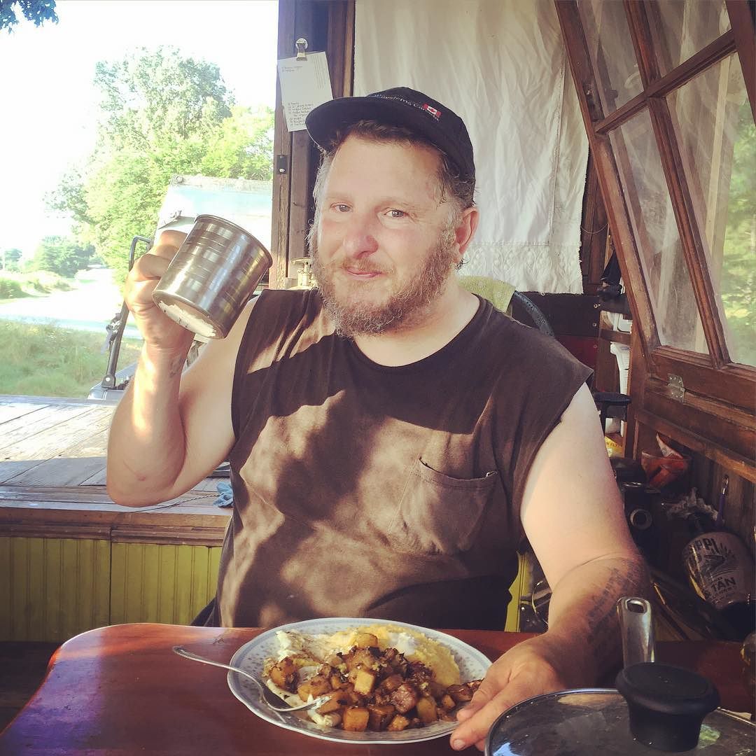 First real brekkie aboard the shantyboat parked in a legume field