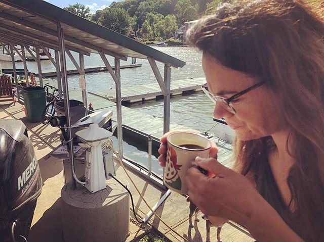 First cup of coffee sitting on the deck in sunshine at Whitehall Marina above the Champlain Canal