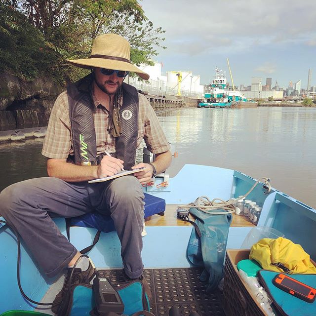 T. Willis Elkins of the Newtown Creek Alliance takes water samples and measurements of temperature, dissolved oxygen, and turbidity in more than a half dozen places on Newtown Creek