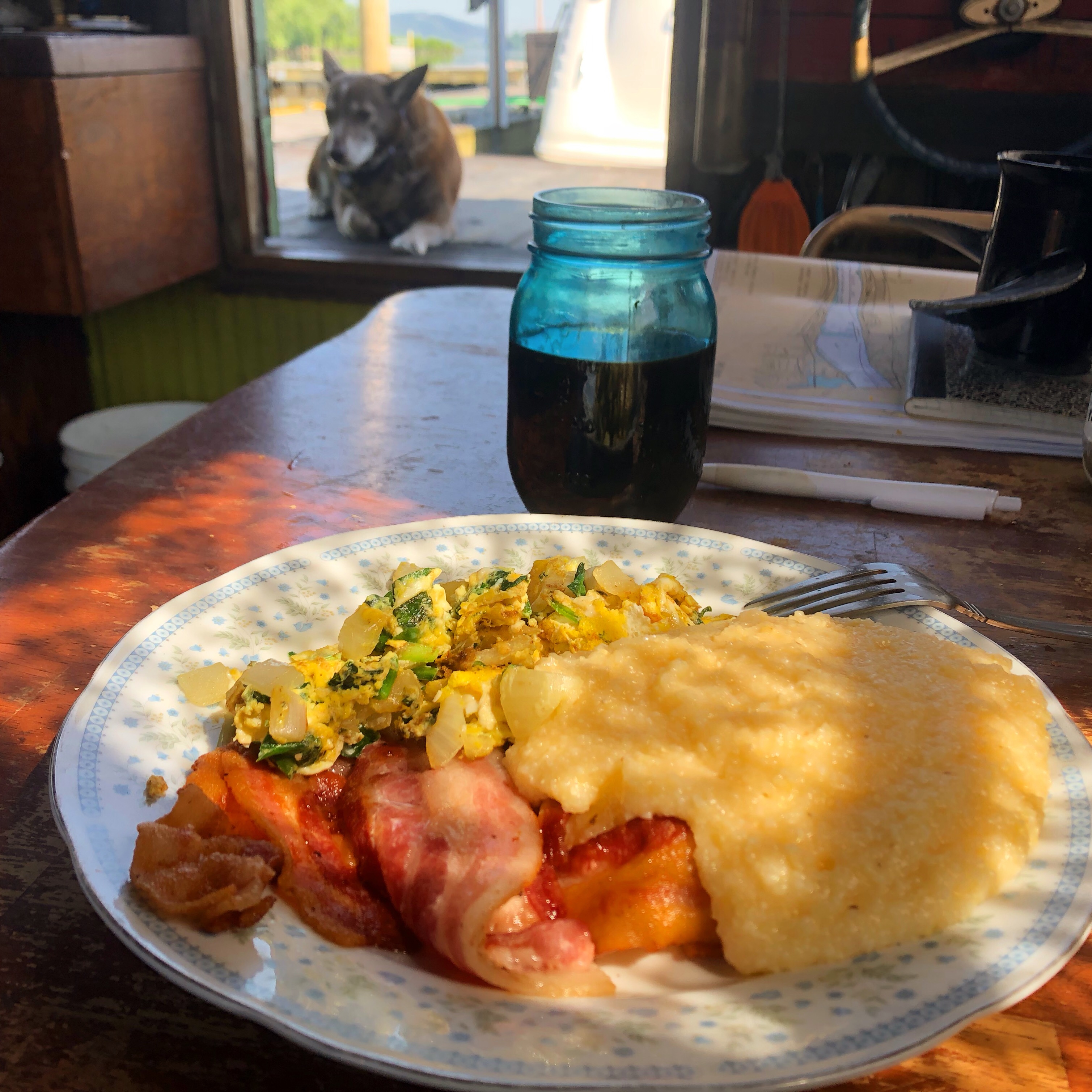 Shantyboat breakfast with cheesy grits. We eat well.