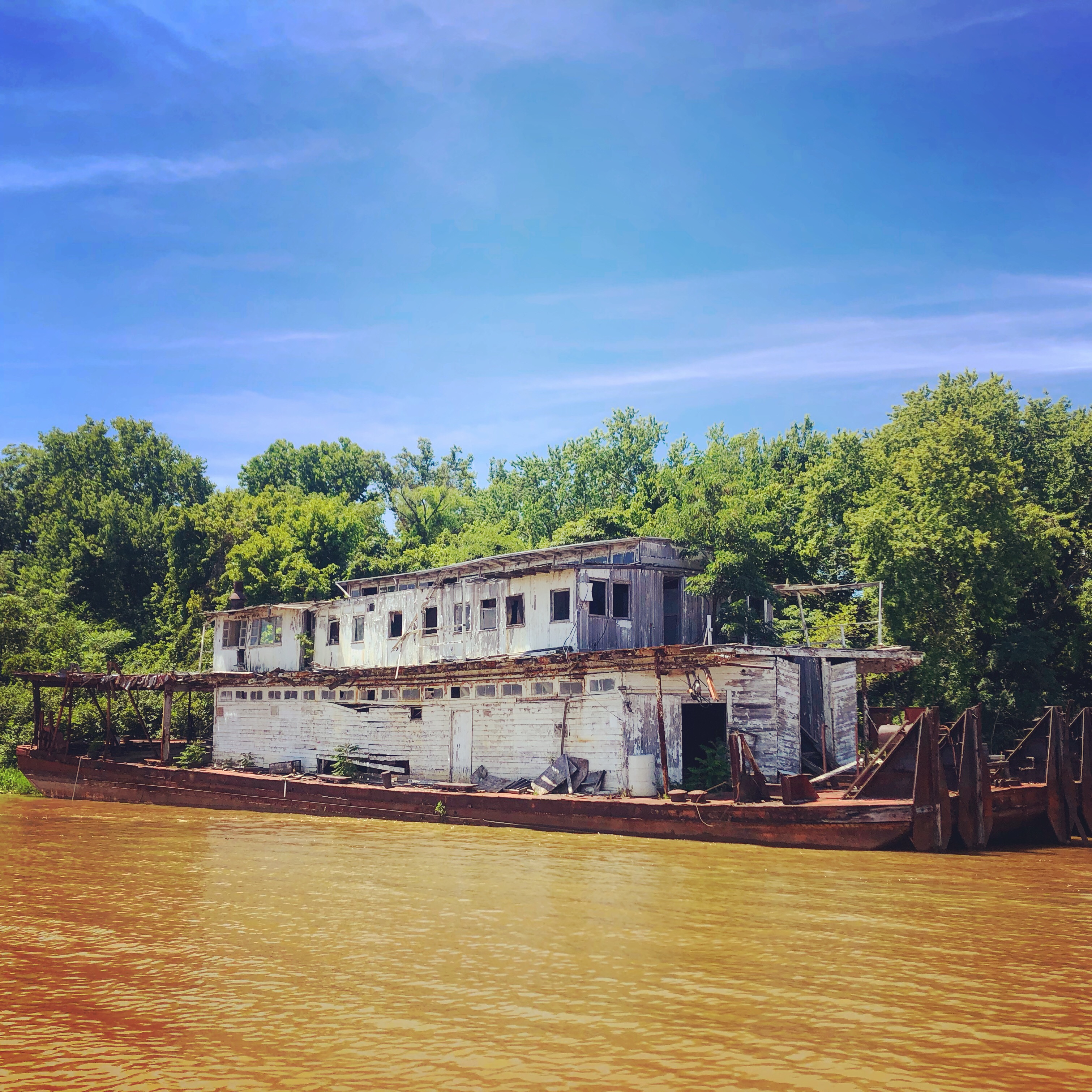 Derelict ferry or barge or paddle wheeler or something